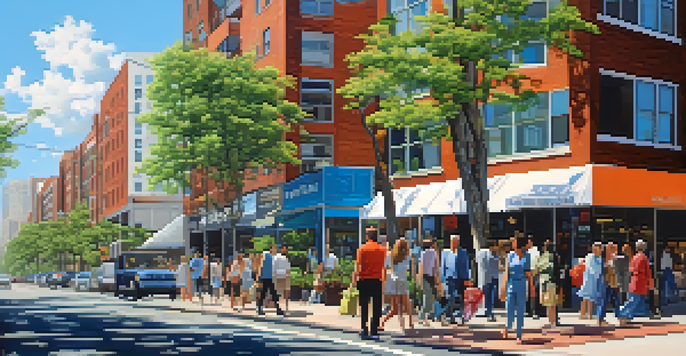A lively urban scene with diverse individuals walking by modern apartment buildings, featuring rental signs in a sunny environment.