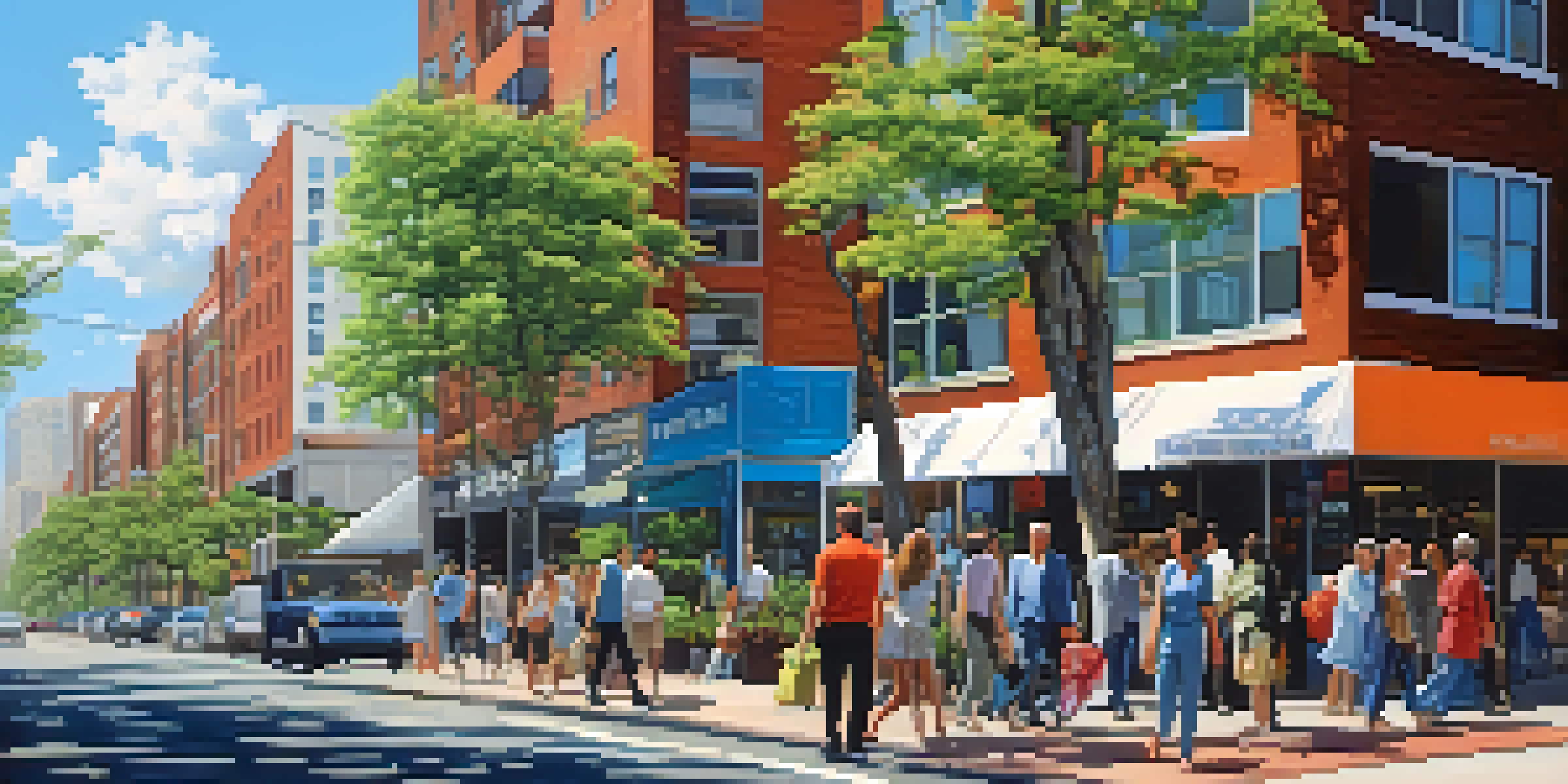 A lively urban scene with diverse individuals walking by modern apartment buildings, featuring rental signs in a sunny environment.