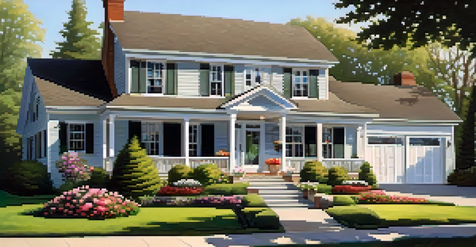 A vibrant suburban home with a colorful garden and sunlight illuminating the exterior.