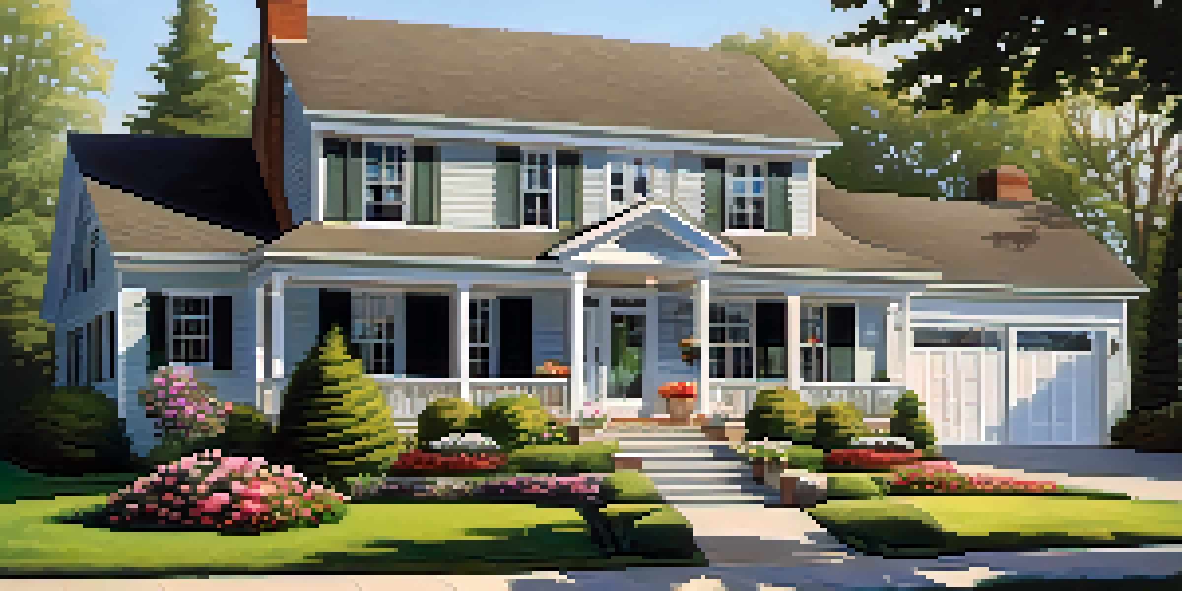 A vibrant suburban home with a colorful garden and sunlight illuminating the exterior.