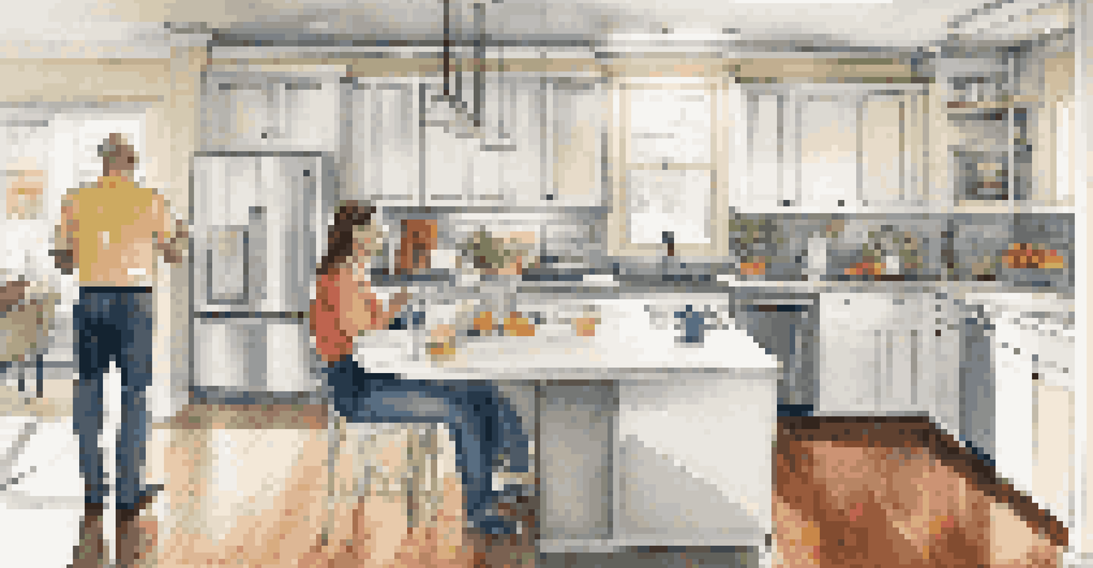 An inspector checks plumbing under a kitchen sink while a couple discusses renovation plans in a bright kitchen.