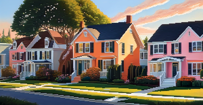 A peaceful suburban neighborhood with various charming houses and families enjoying the sunset.