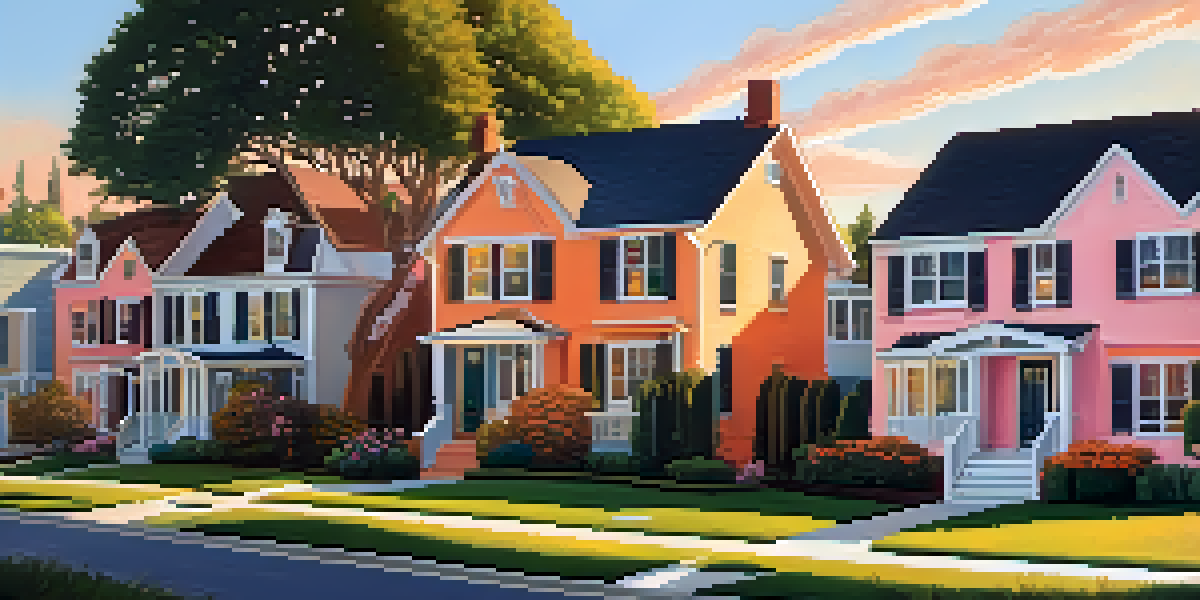 A peaceful suburban neighborhood with various charming houses and families enjoying the sunset.