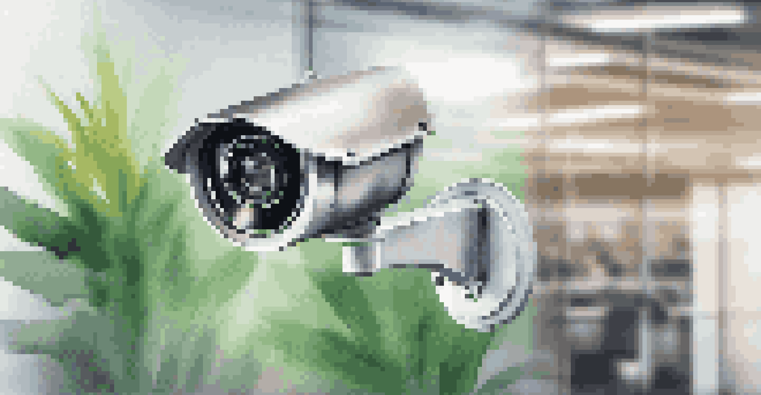 A close-up of a modern security camera mounted on a wall in a busy office.