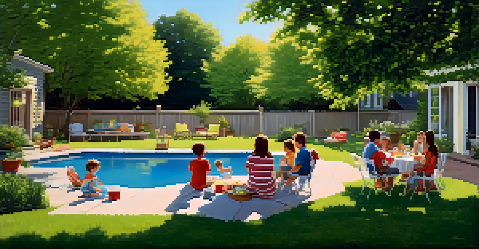 A lively backyard scene with a family having a summer barbecue, children playing, and adults socializing in a sunny outdoor setting.