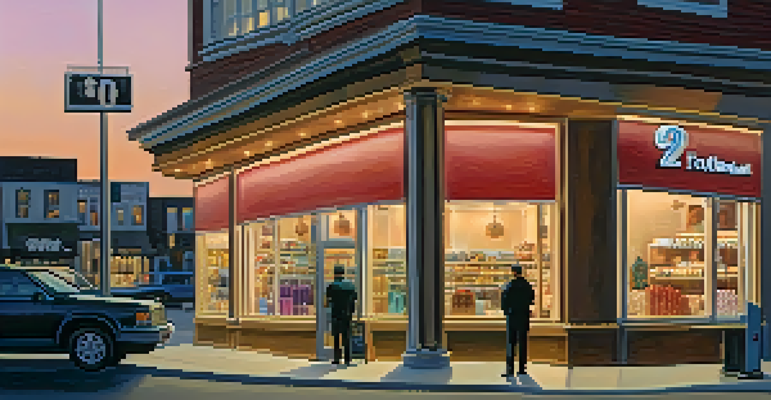 An outdoor retail store with a security guard and surveillance camera at dusk.