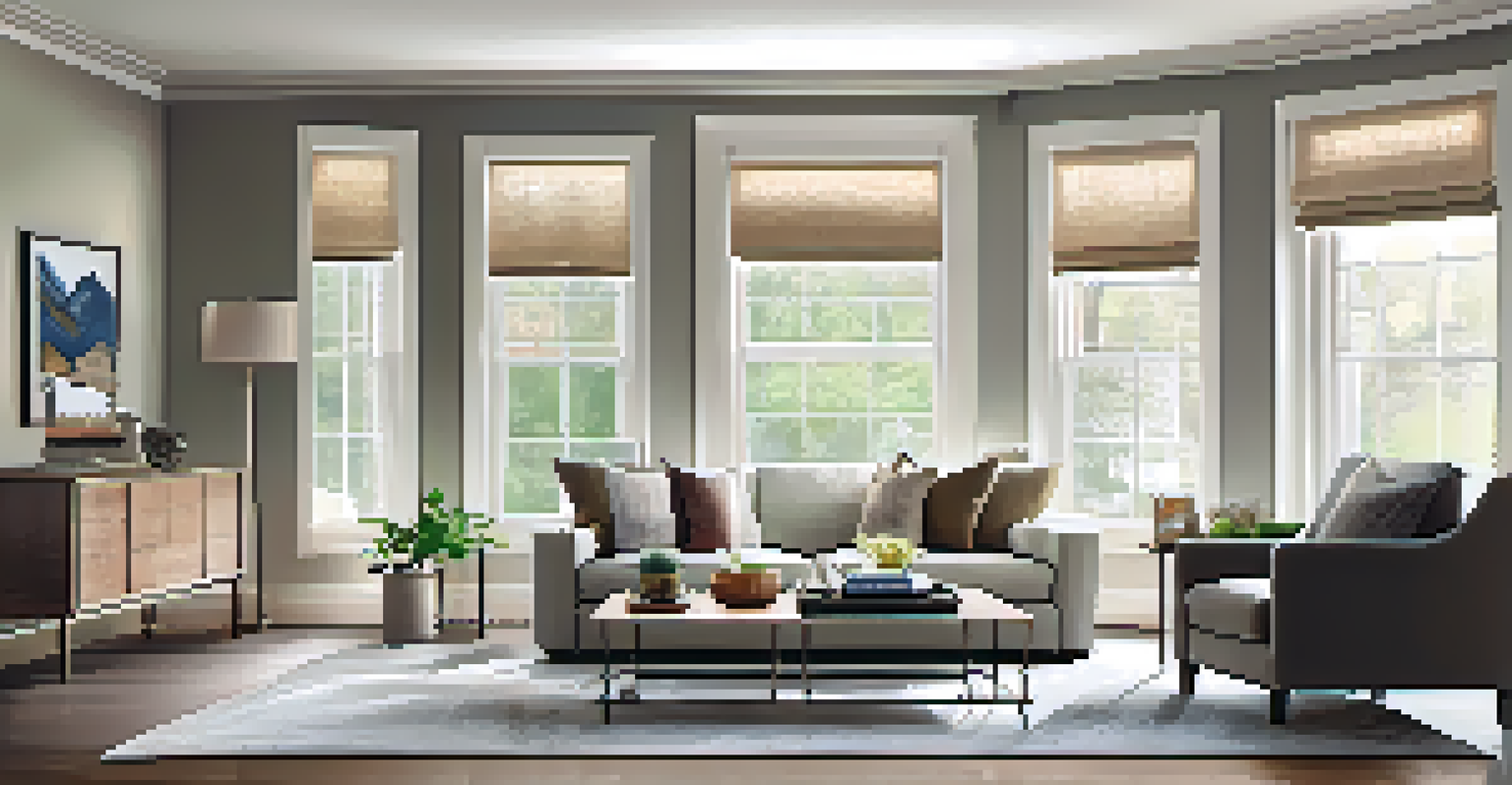 A renovated living room with a cozy sofa, large windows, and decorative pillows, creating a warm atmosphere.