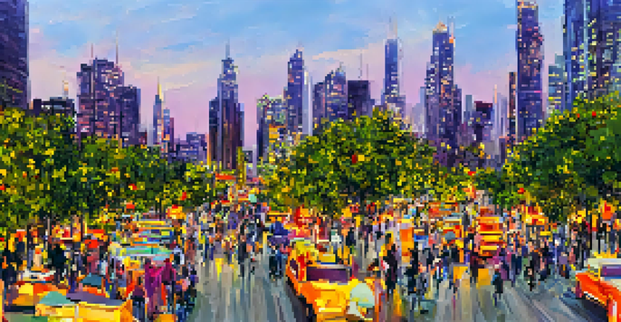 A colorful urban skyline at dusk with skyscrapers, historical buildings, and a busy street filled with people and food trucks.