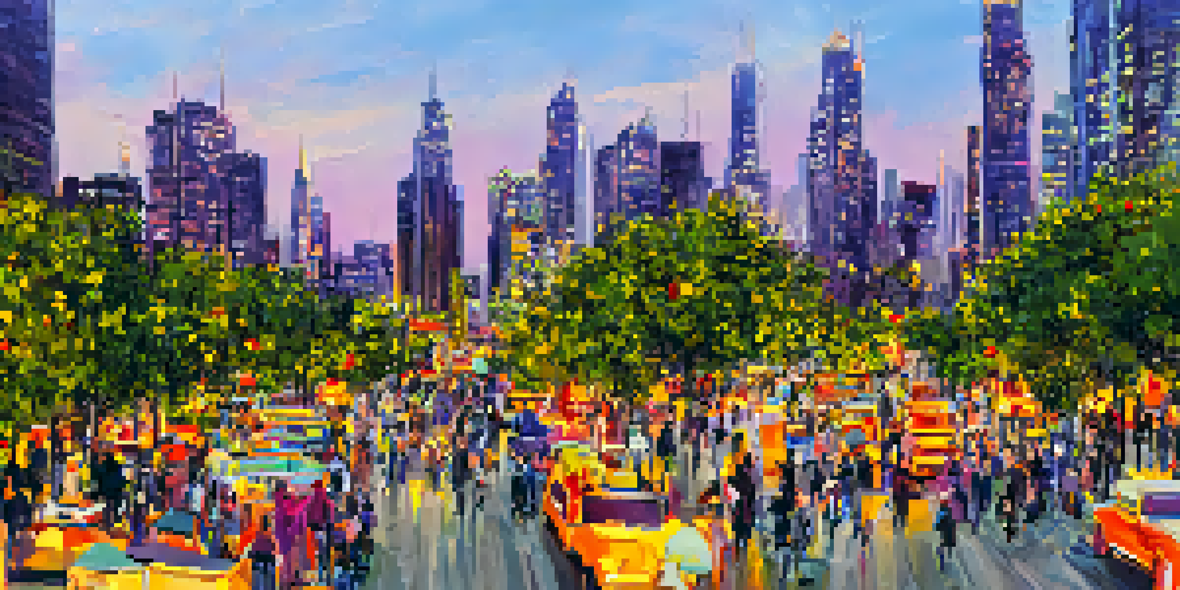 A colorful urban skyline at dusk with skyscrapers, historical buildings, and a busy street filled with people and food trucks.