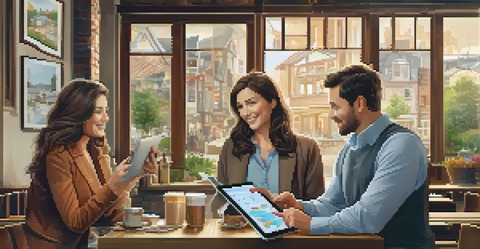 A real estate agent showing property trends to a couple at a cafe.