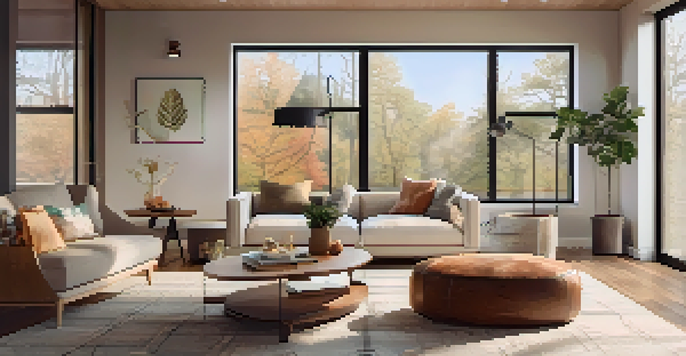 A contemporary living room showcasing a modern energy-efficient HVAC system with a smart thermostat and large windows allowing natural light.