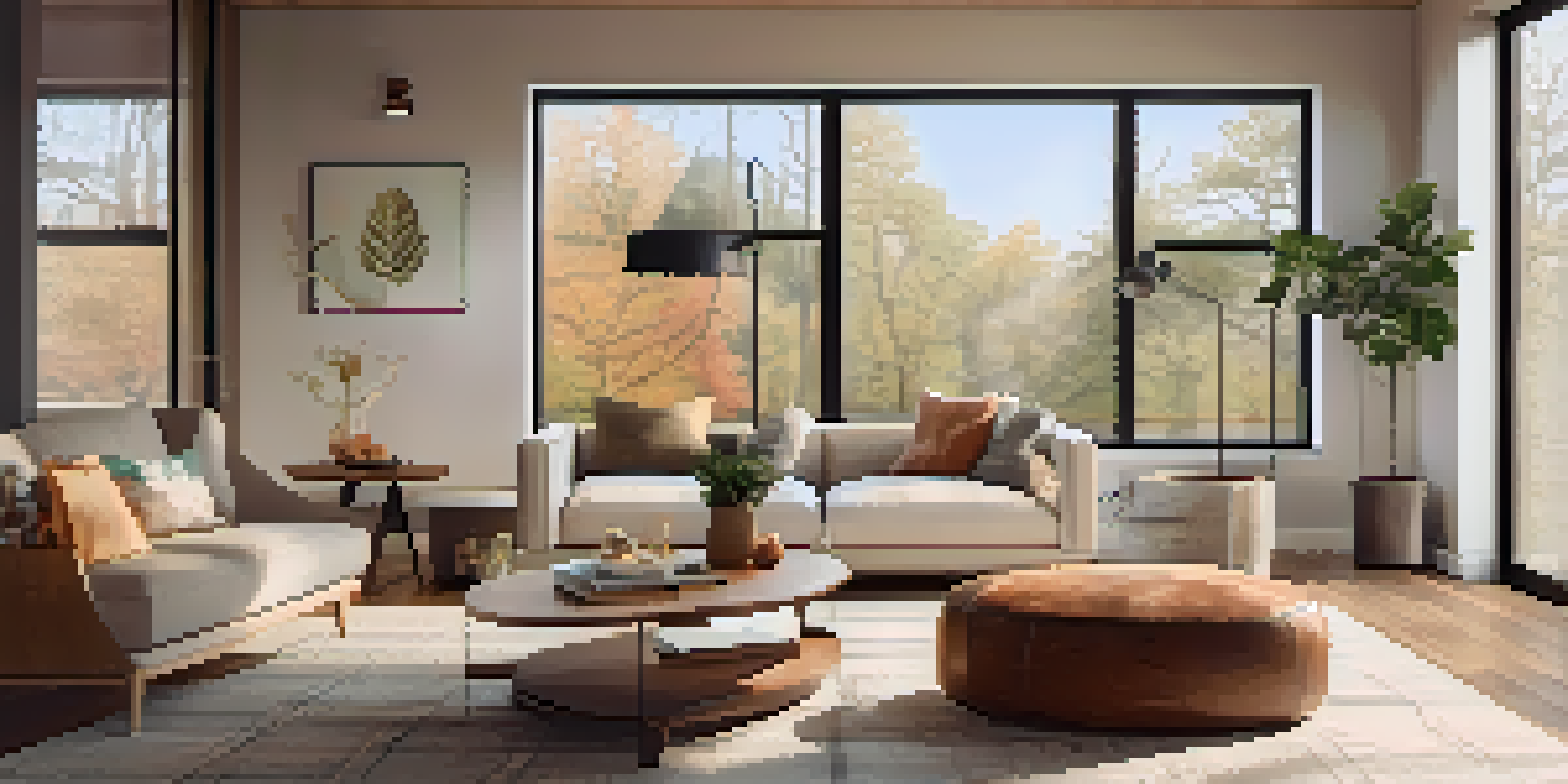 A contemporary living room showcasing a modern energy-efficient HVAC system with a smart thermostat and large windows allowing natural light.