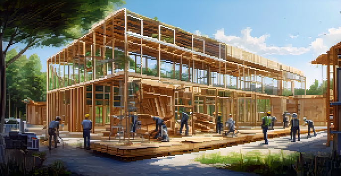 A construction site with workers using eco-friendly materials, featuring a partially constructed building with solar panels and green surroundings.