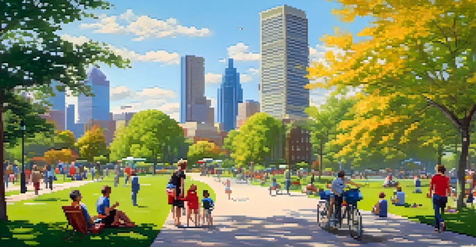 A lively urban park with various trees and flowers, where families are picnicking and children are playing, set against a modern city skyline.