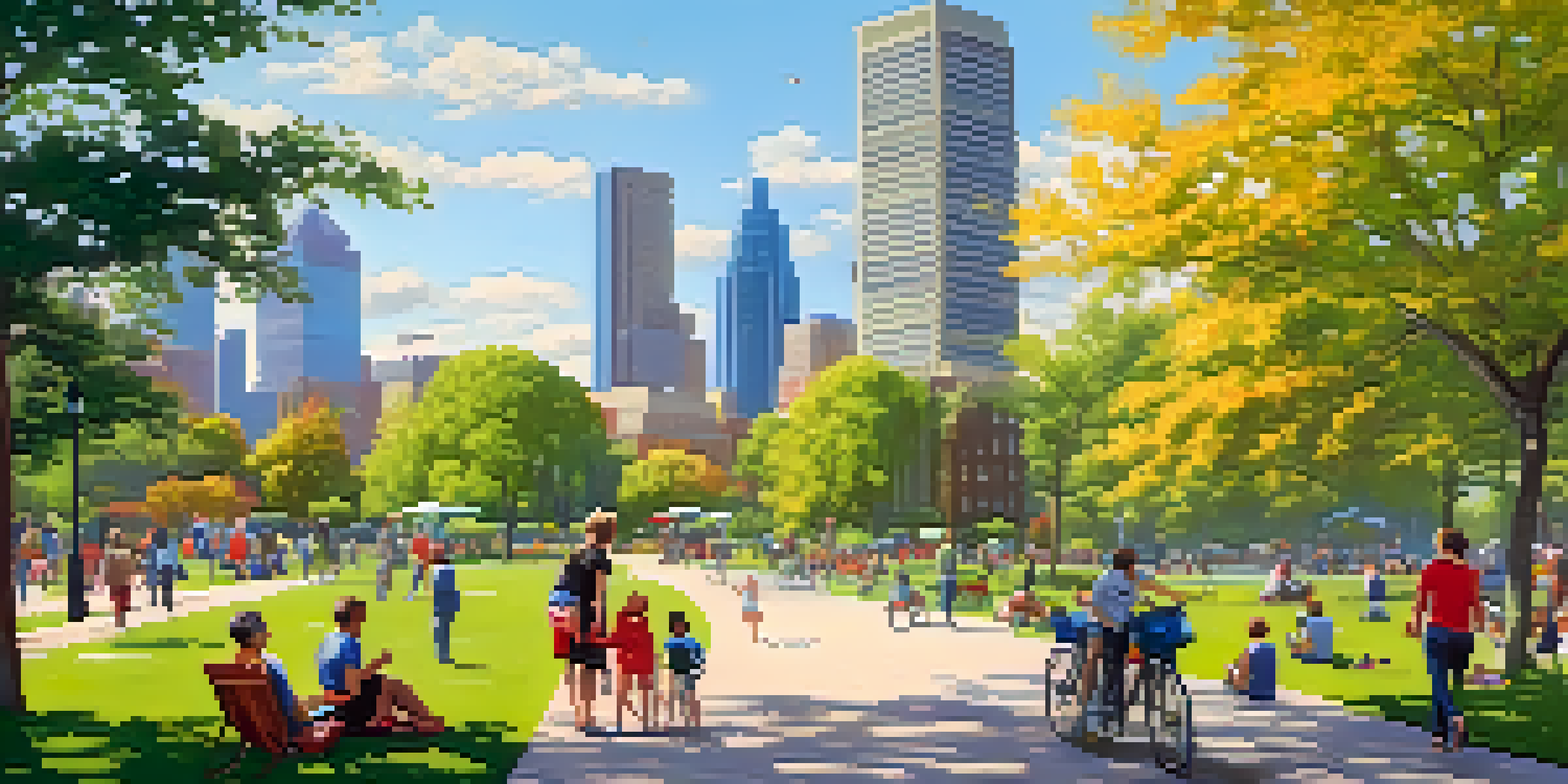 A lively urban park with various trees and flowers, where families are picnicking and children are playing, set against a modern city skyline.