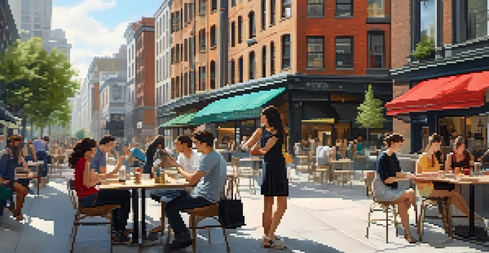 A lively urban city center with cafes and shops, filled with young adults enjoying outdoor activities and working on laptops.