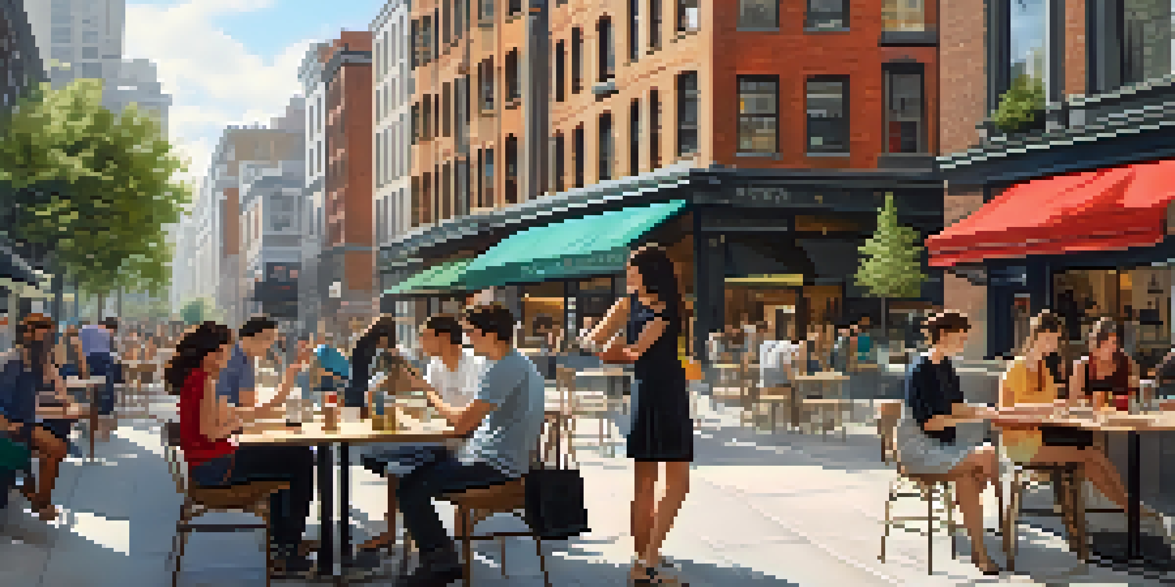 A lively urban city center with cafes and shops, filled with young adults enjoying outdoor activities and working on laptops.