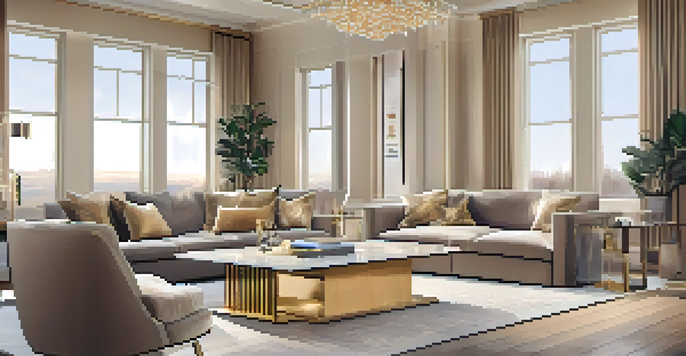 A luxurious living room with modern furnishings and a home automation display on the coffee table.