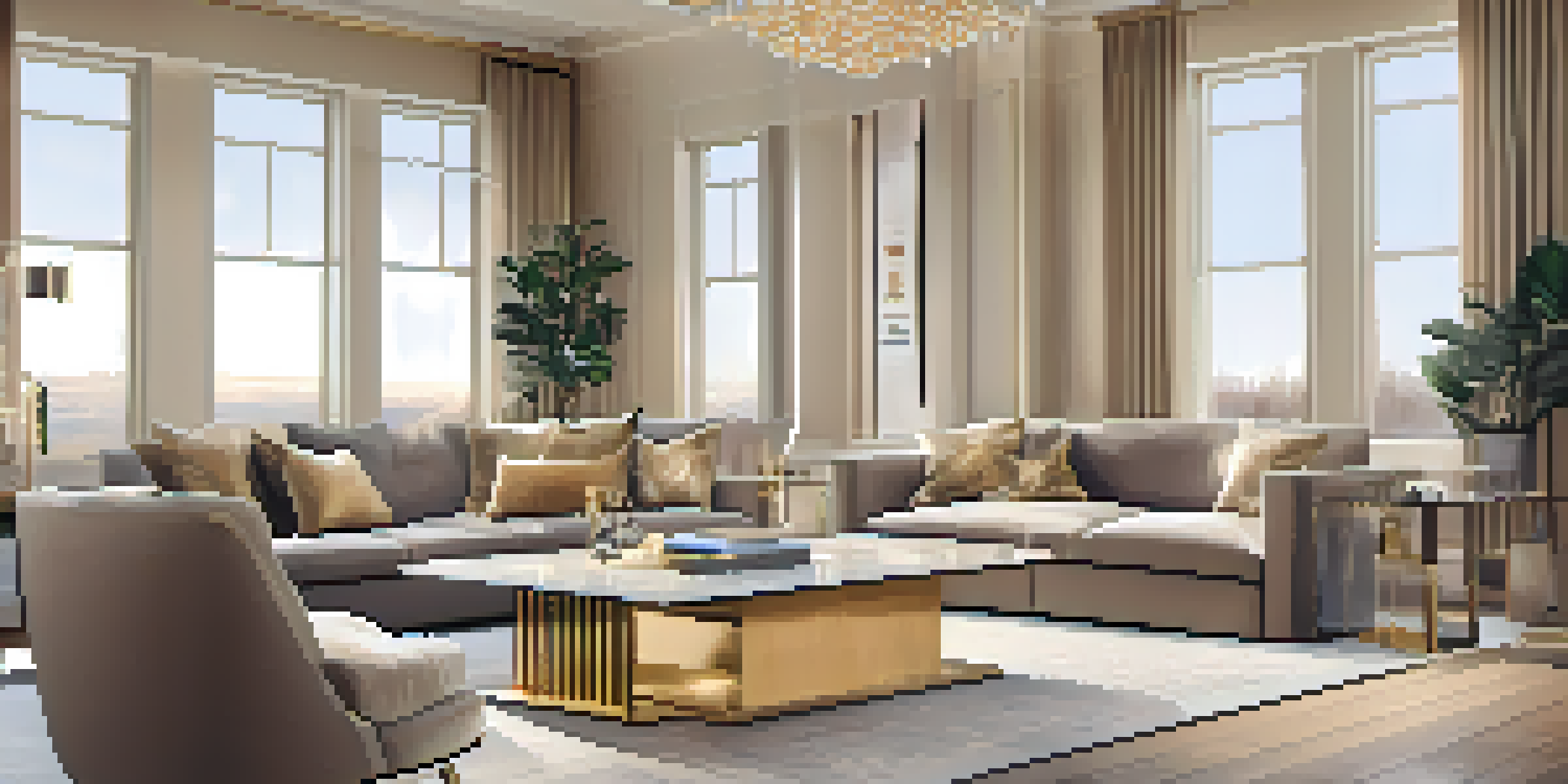A luxurious living room with modern furnishings and a home automation display on the coffee table.