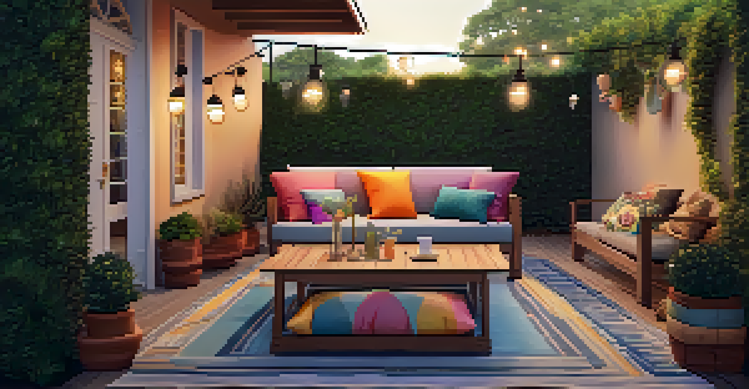 An outdoor seating area with colorful cushions on the ground and string lights above, surrounded by green plants at sunset.