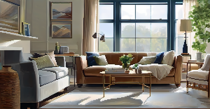 A cozy living room with a sofa, coffee table, and sunlight pouring in through large windows.