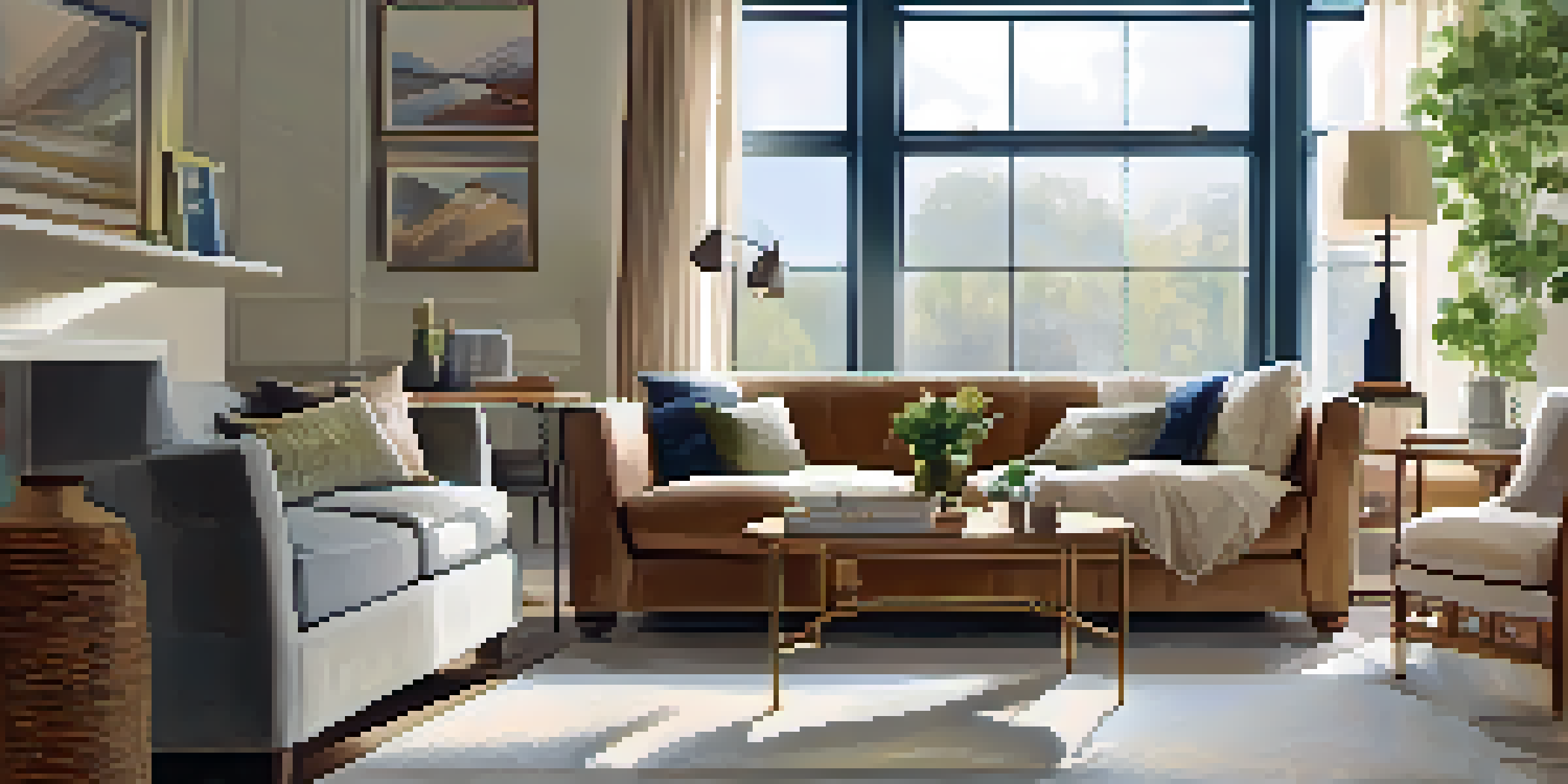A cozy living room with a sofa, coffee table, and sunlight pouring in through large windows.