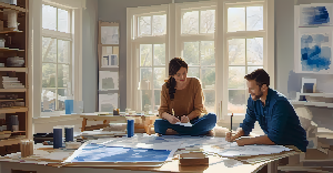 A couple reviewing renovation plans at a table with blueprints and design materials in a well-lit room.