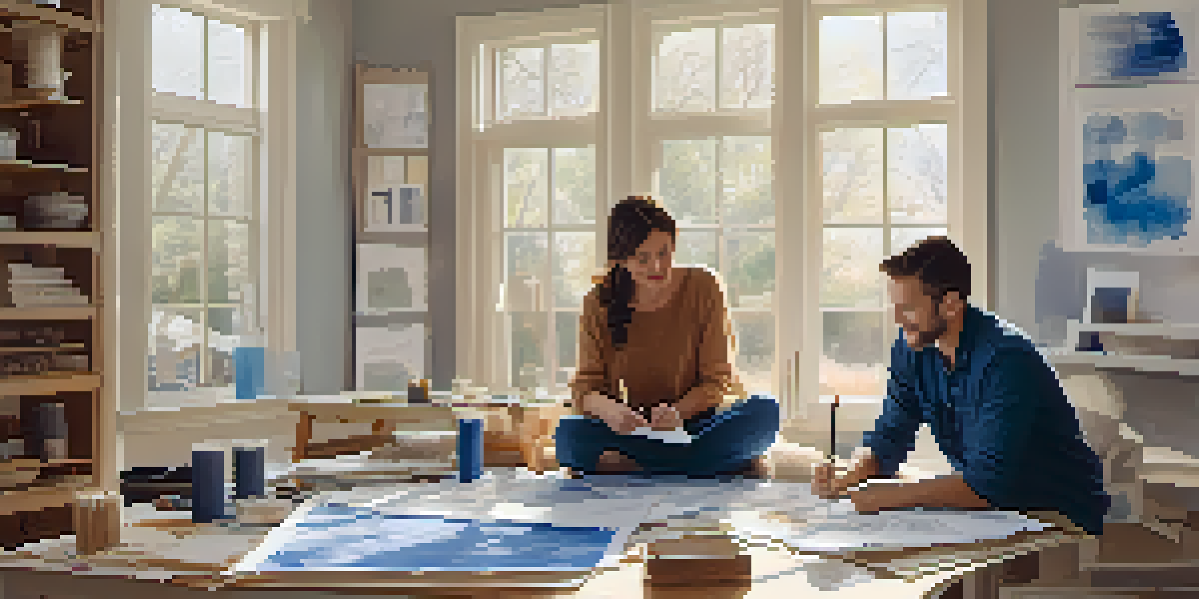 A couple reviewing renovation plans at a table with blueprints and design materials in a well-lit room.