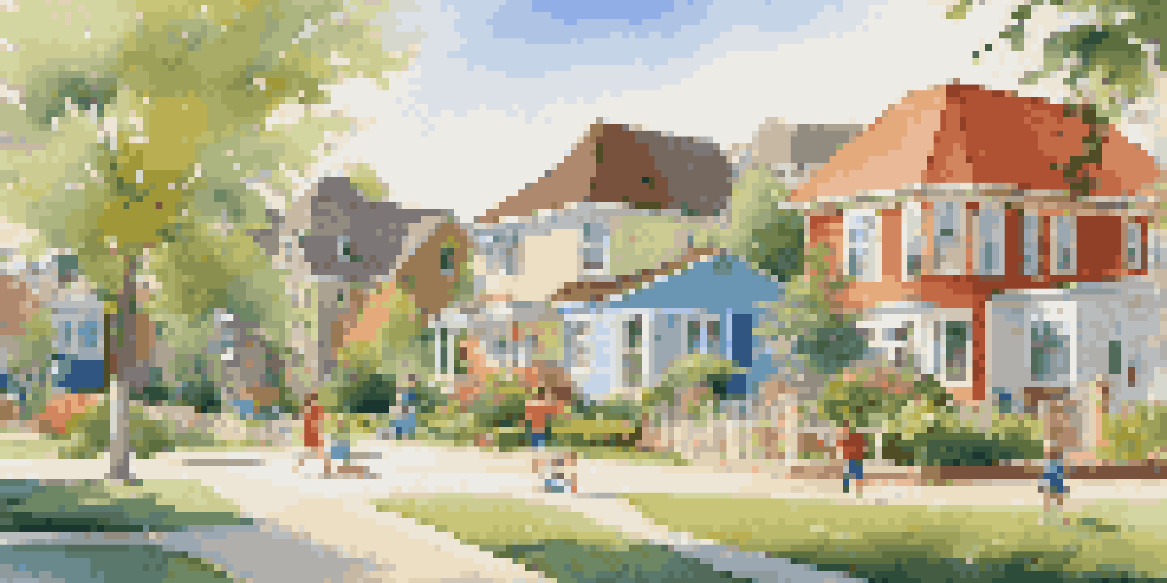 A peaceful suburban neighborhood with homes, children playing, and a school building in the background.