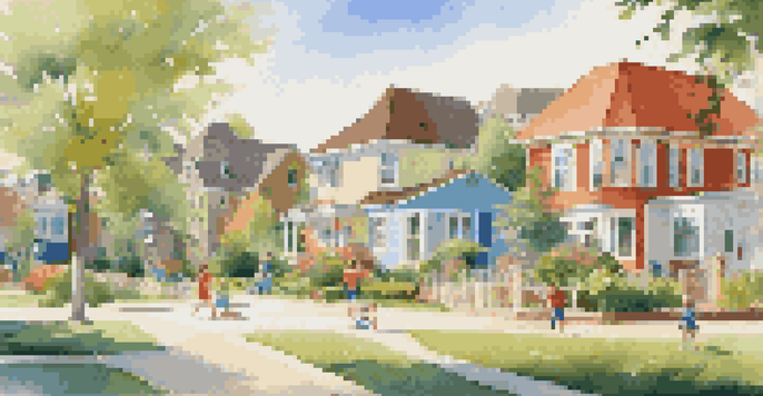 A peaceful suburban neighborhood with homes, children playing, and a school building in the background.