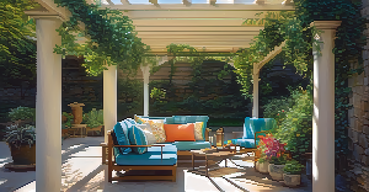 A serene outdoor patio with comfortable seating, a table with refreshments, and lush greenery under a shaded pergola.