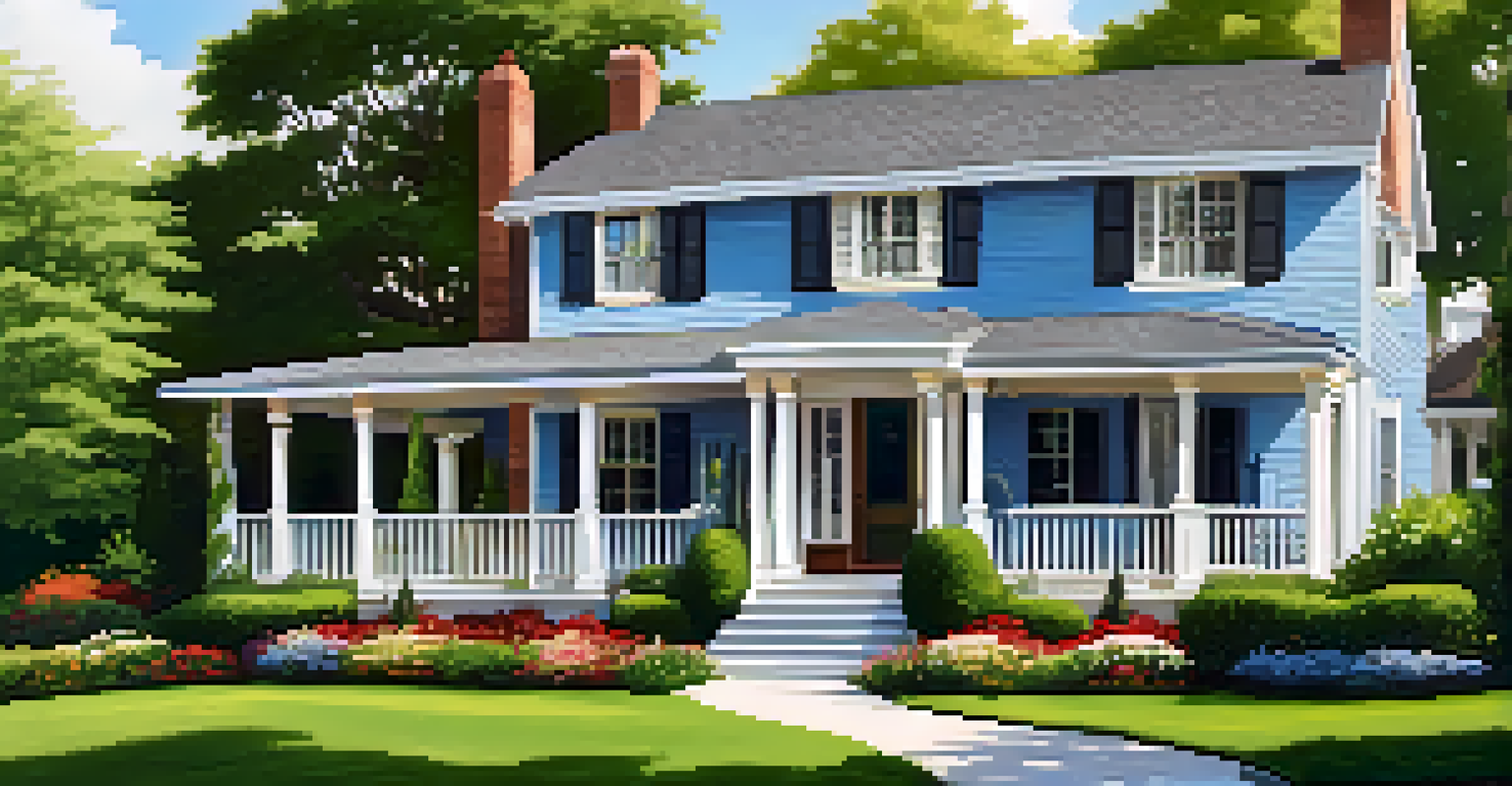 A beautiful suburban house with a garden, front porch, and clear blue sky.