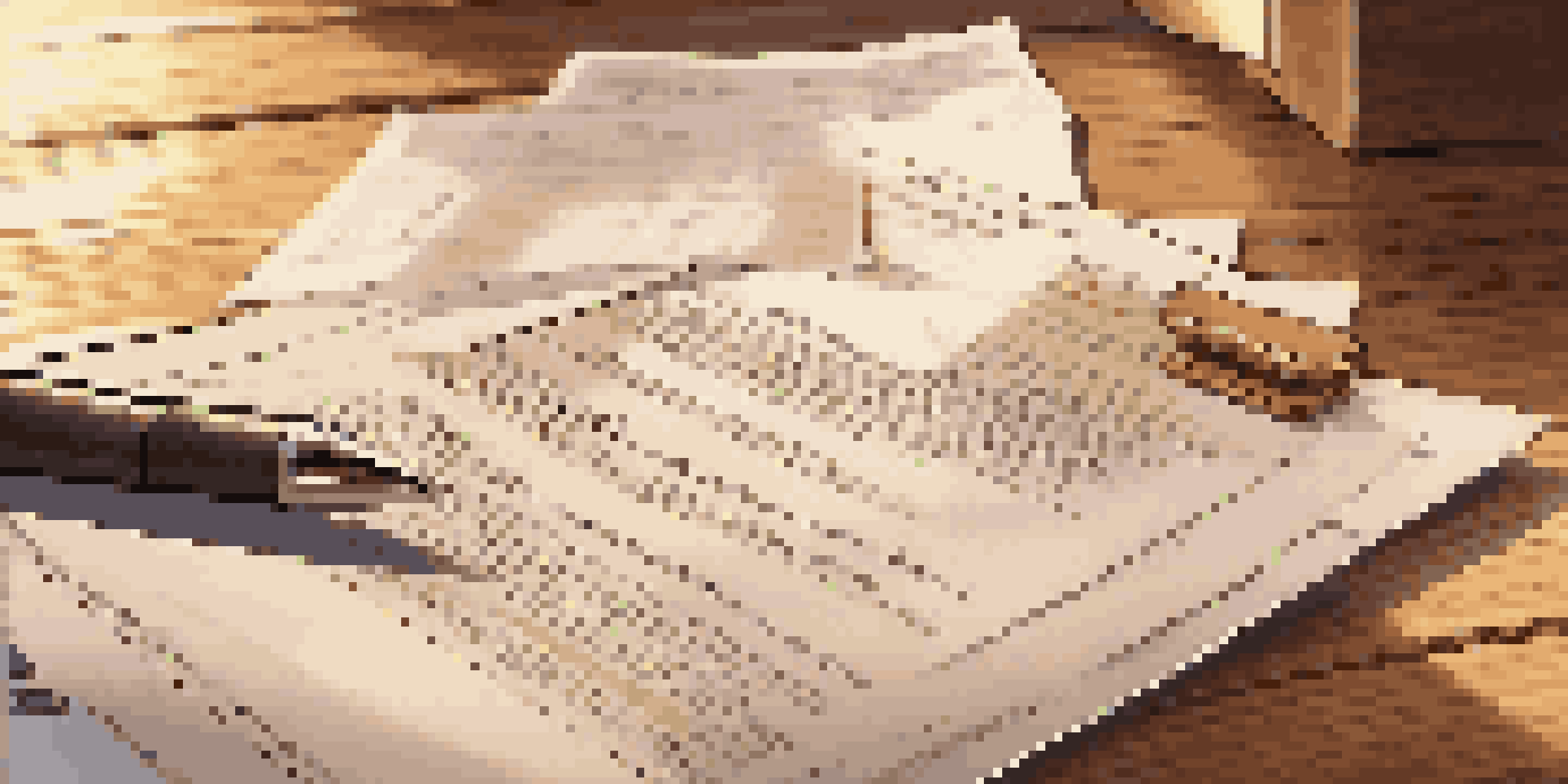 A close-up of a real estate contract on a wooden desk with a pen, illuminated by soft sunlight.