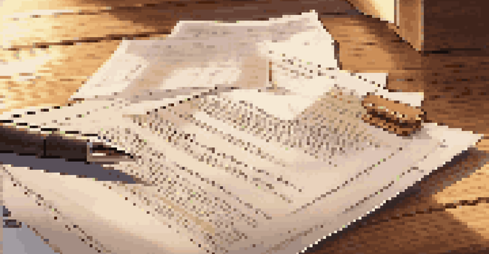 A close-up of a real estate contract on a wooden desk with a pen, illuminated by soft sunlight.