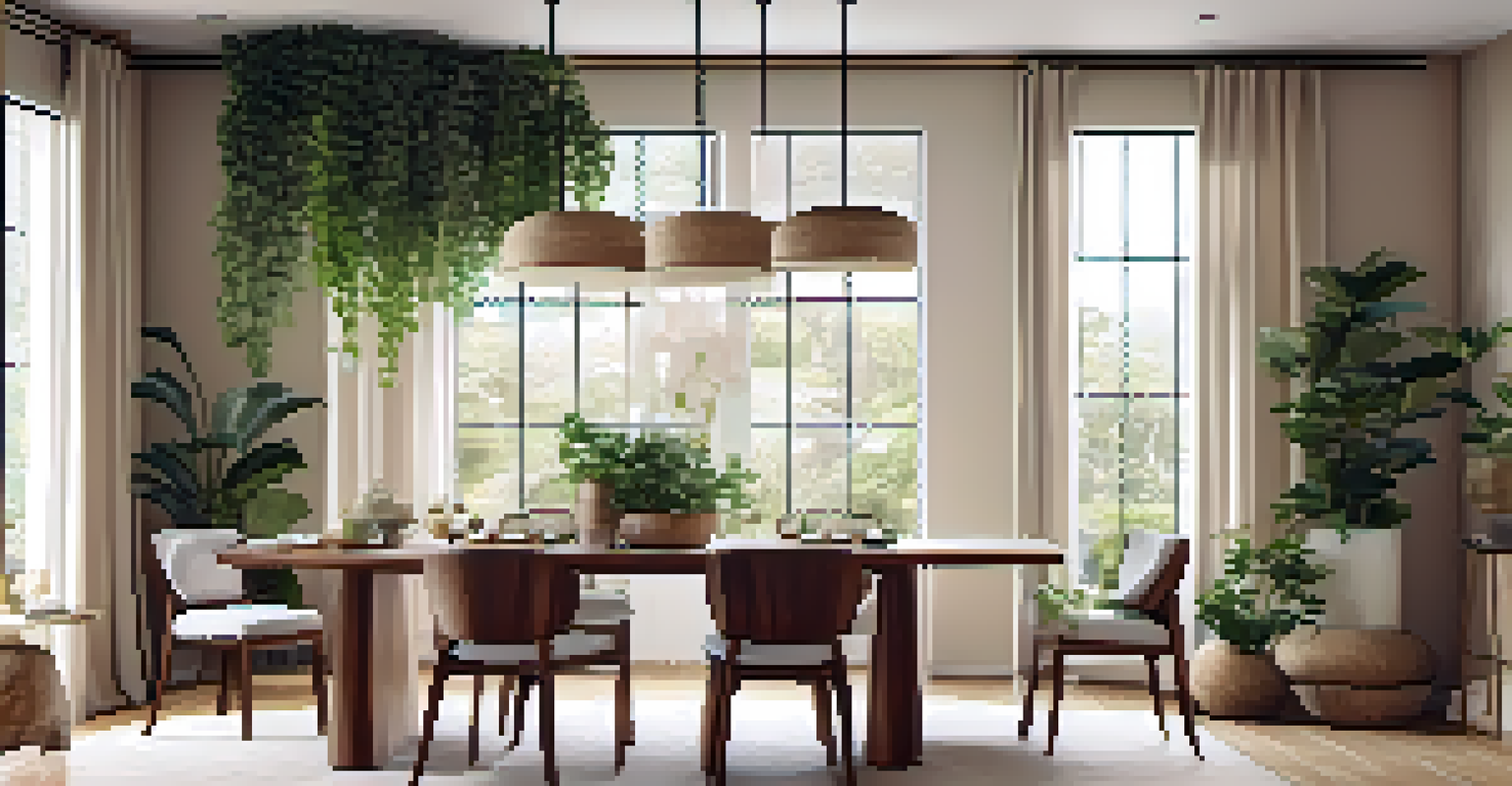 A stylish dining area with a wooden table, stone accents, and hanging plants illuminated by a skylight.
