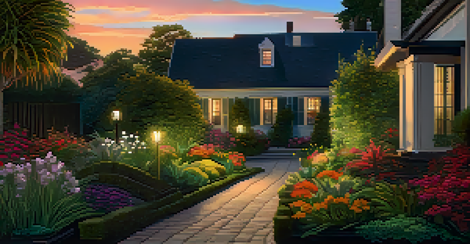 A beautifully lit garden pathway with vibrant plants, contrasting colors, and smart lighting for nighttime navigation.
