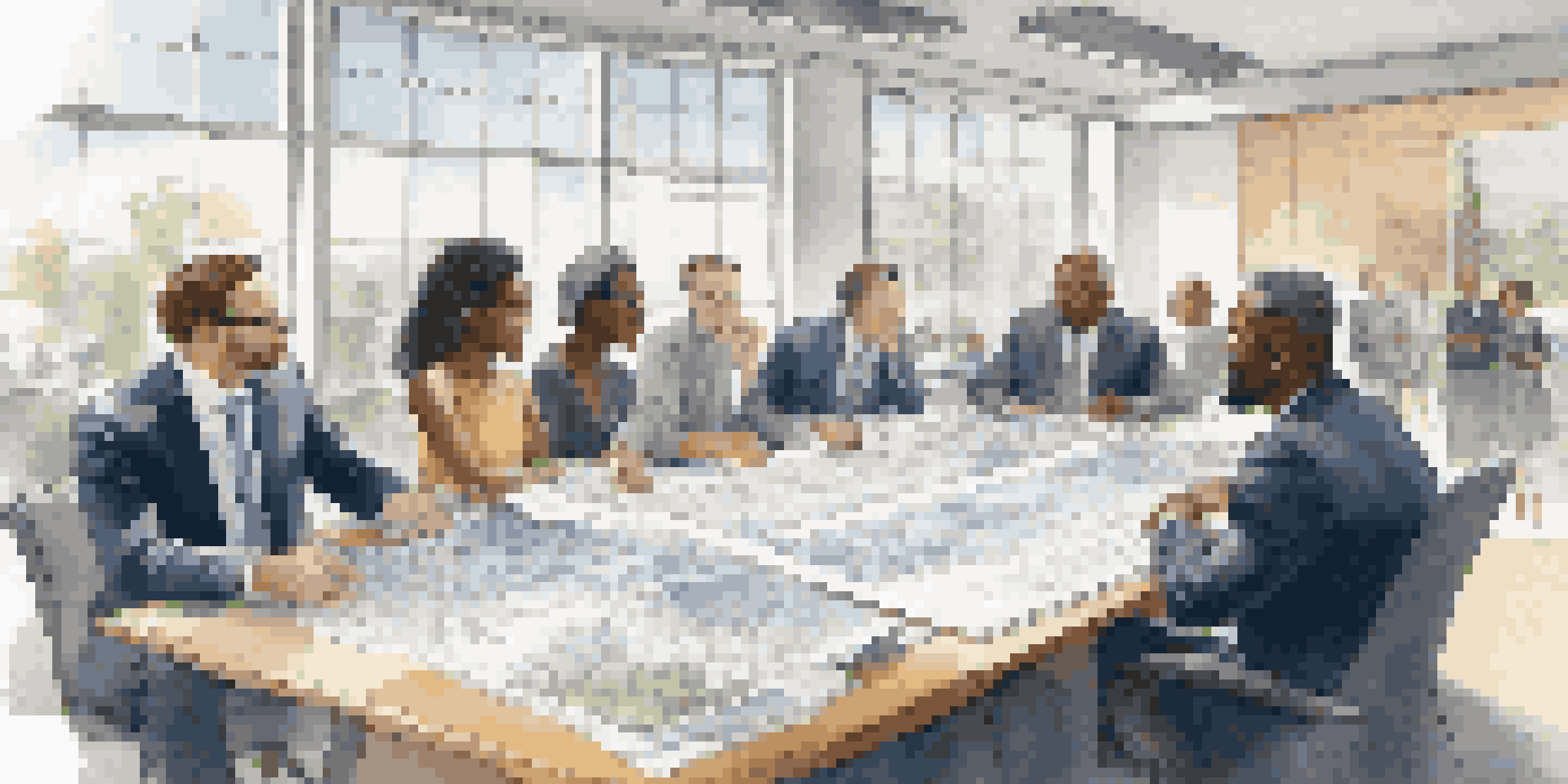 A group of diverse investors discussing real estate opportunities at a large table filled with blueprints and documents in a bright office.