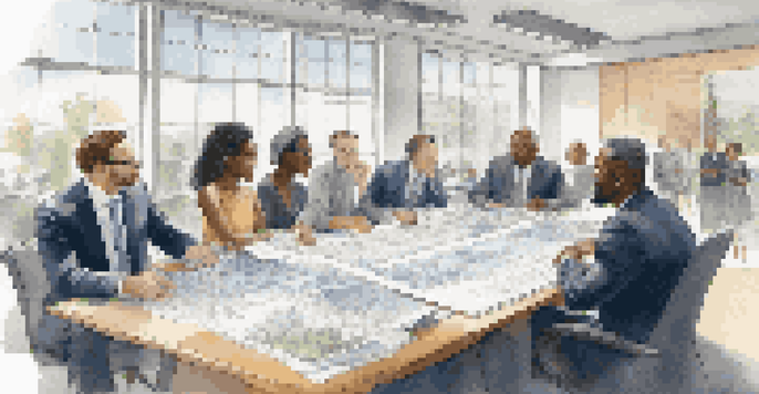 A group of diverse investors discussing real estate opportunities at a large table filled with blueprints and documents in a bright office.