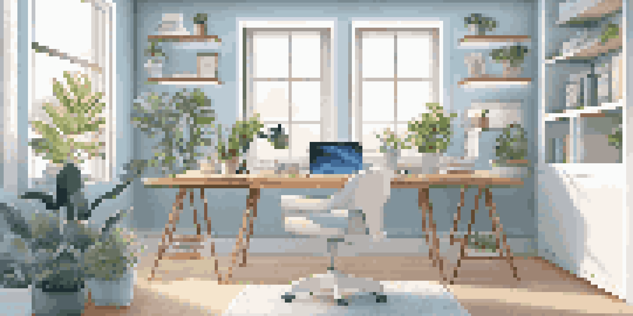 A bright and organized home office with an ergonomic chair, adjustable desk, plants, and motivational quotes on the wall.