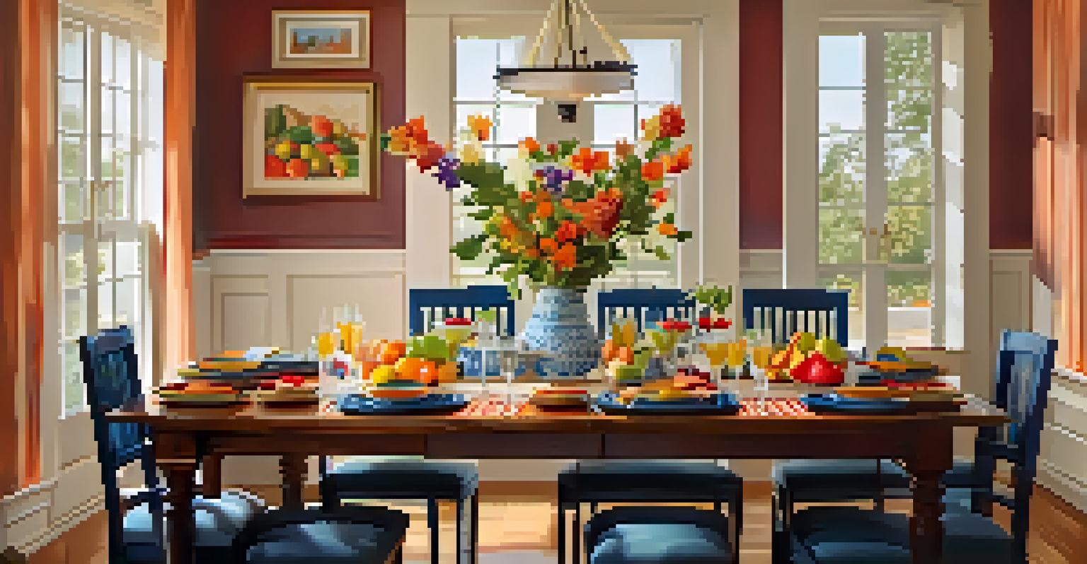 A vibrant dining area with a table set for a family meal, featuring colorful dishes and warm lighting.