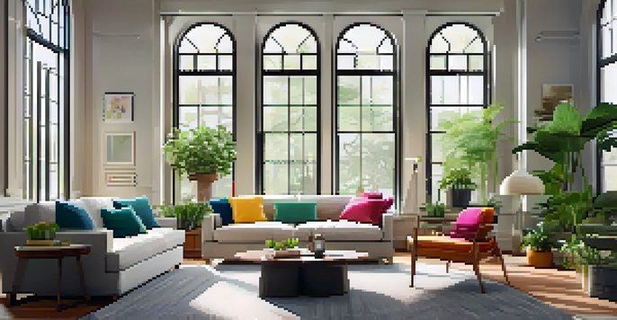 A bright and cozy living room with a comfortable sofa, coffee table, and indoor plants, illuminated by natural sunlight.
