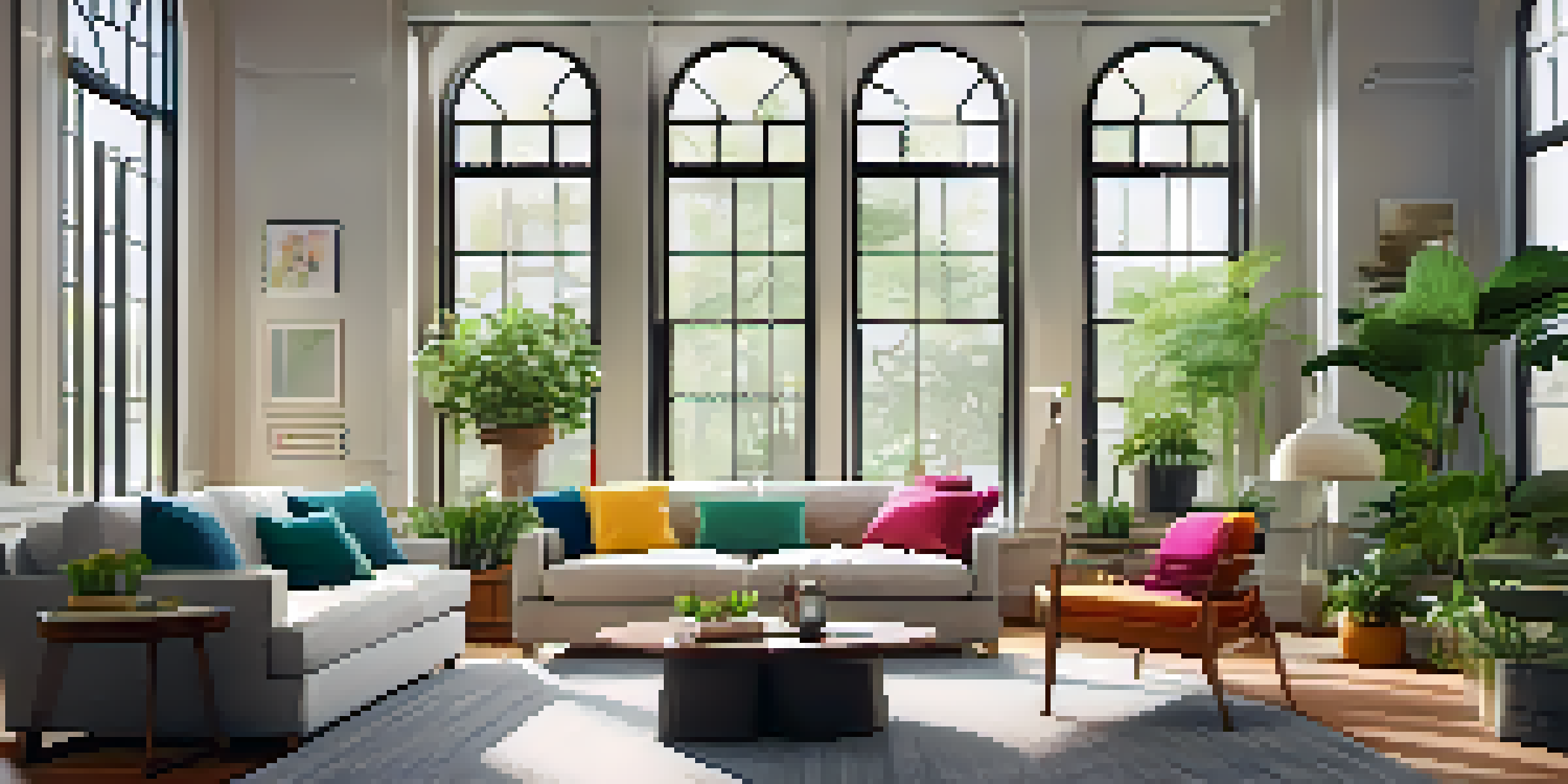 A bright and cozy living room with a comfortable sofa, coffee table, and indoor plants, illuminated by natural sunlight.