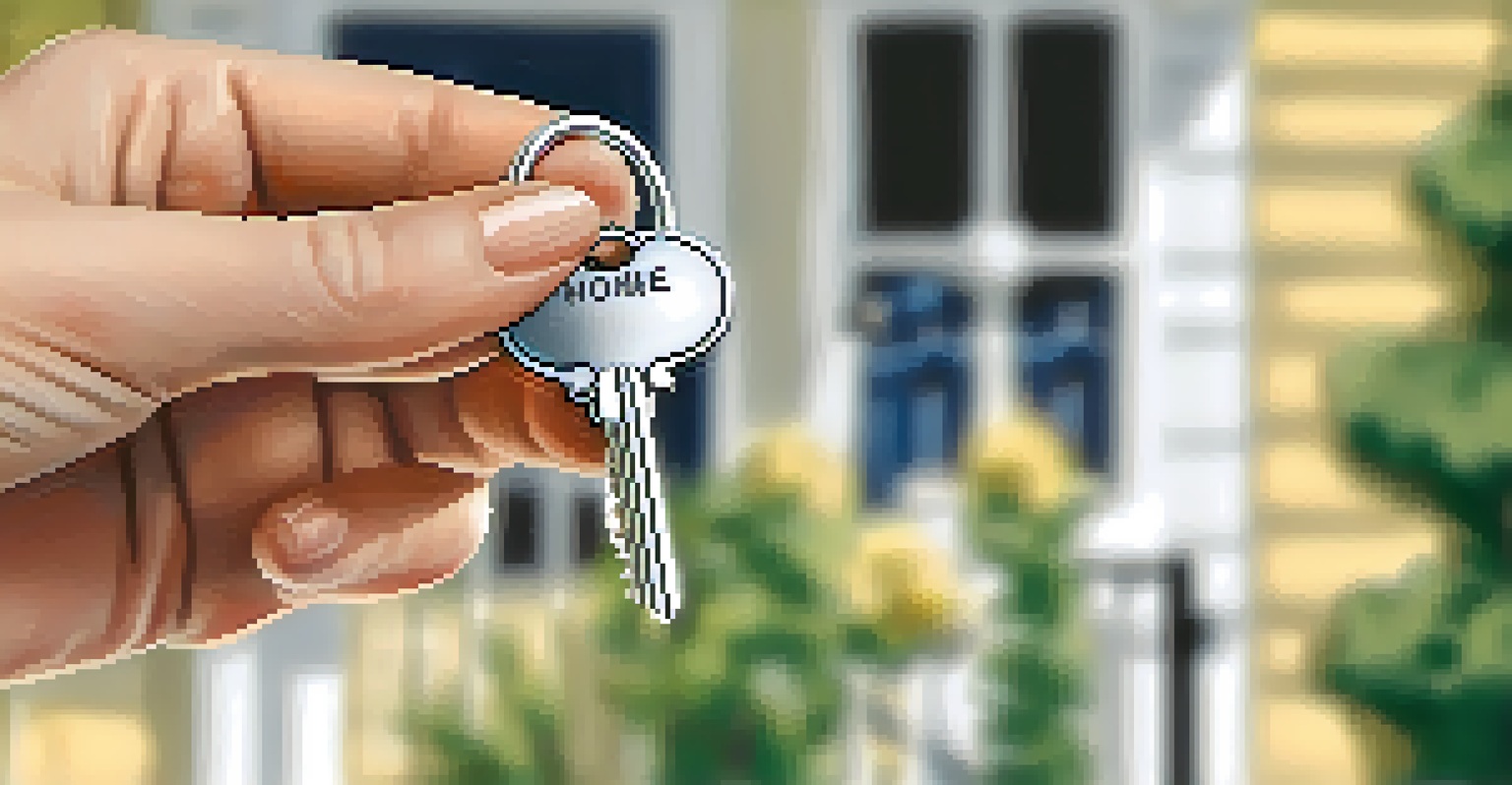 A close-up of hand holding house keys in front of a blurred home entrance.