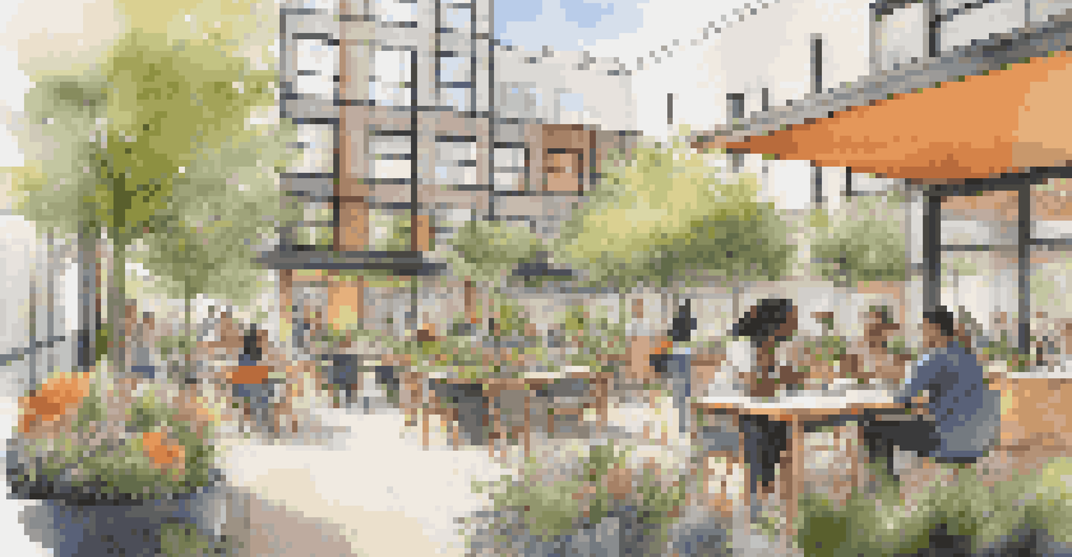 A lively community space with a co-working hub and garden, where people are collaborating and enjoying the outdoors.