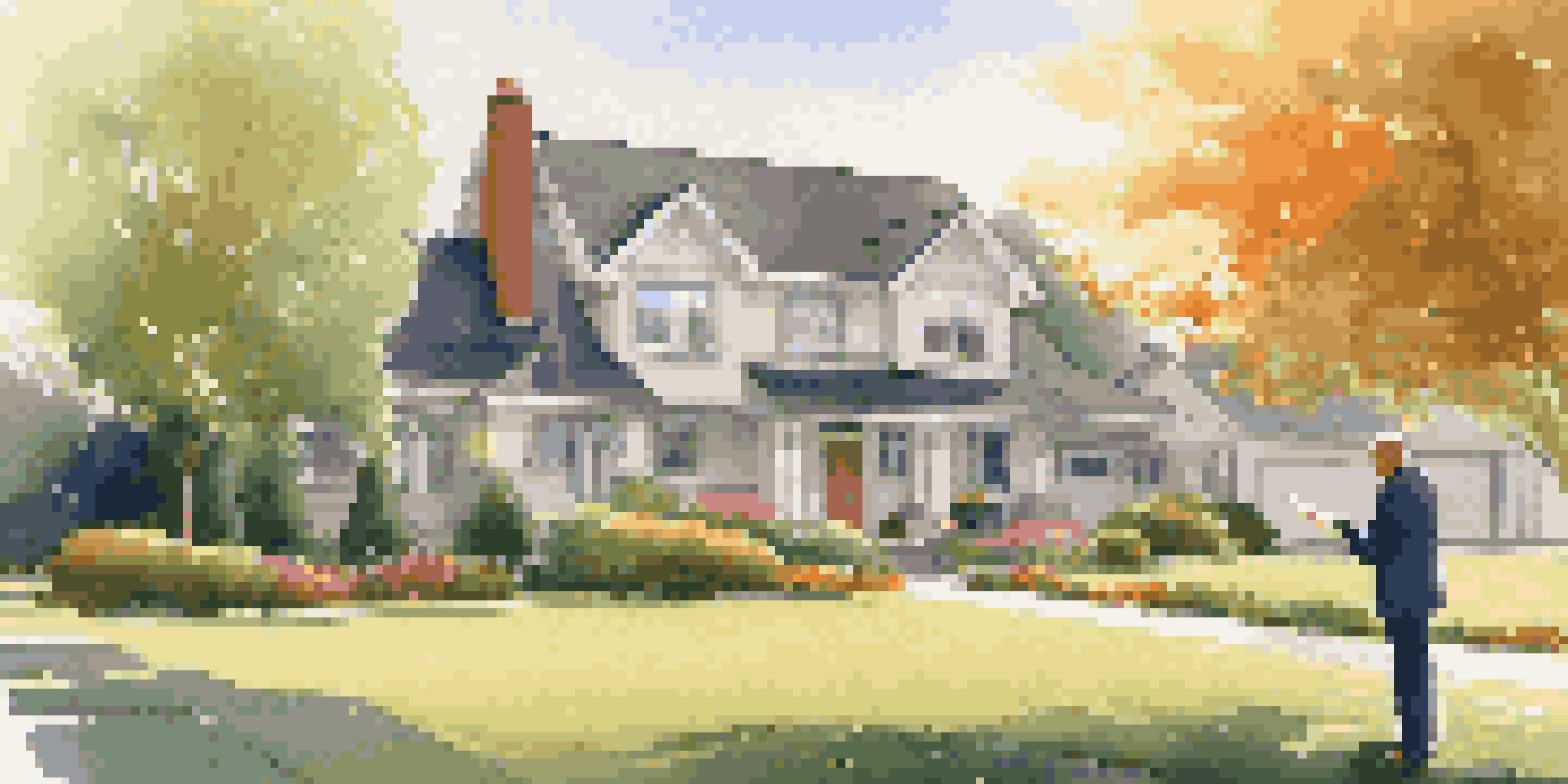 A professional appraiser inspecting a suburban house, taking notes in front of the property during sunset.