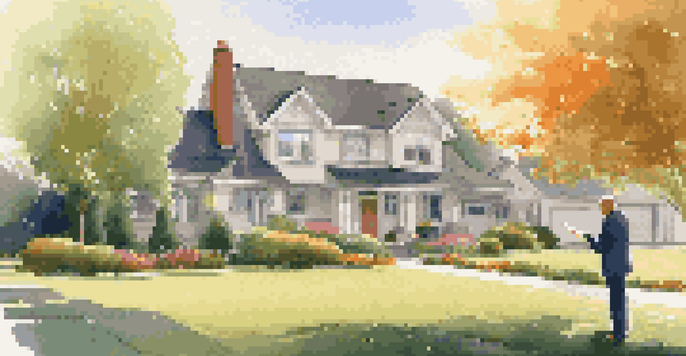 A professional appraiser inspecting a suburban house, taking notes in front of the property during sunset.