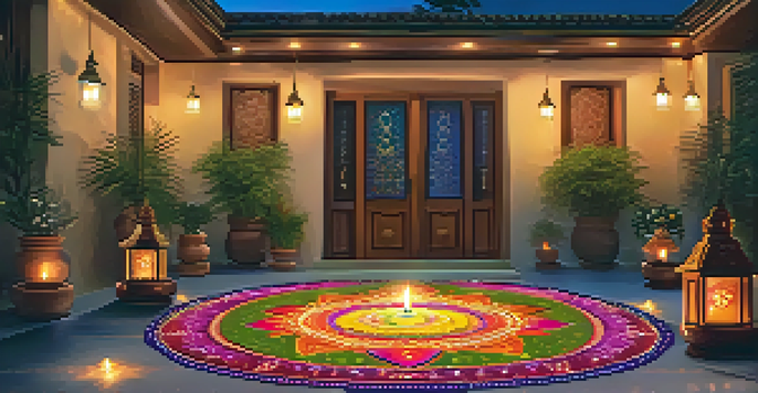 A colorful Diwali celebration with rangoli patterns and glowing lamps, depicting a festive atmosphere.