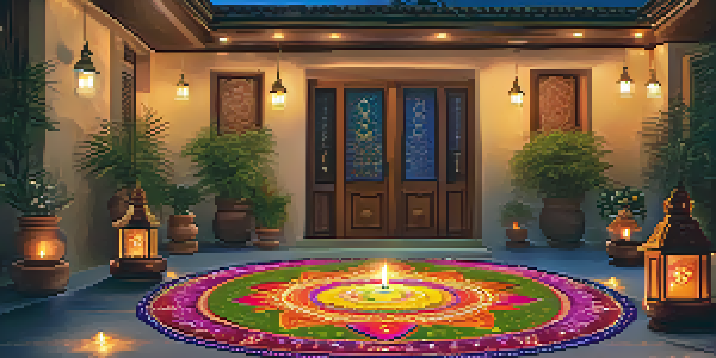 A colorful Diwali celebration with rangoli patterns and glowing lamps, depicting a festive atmosphere.