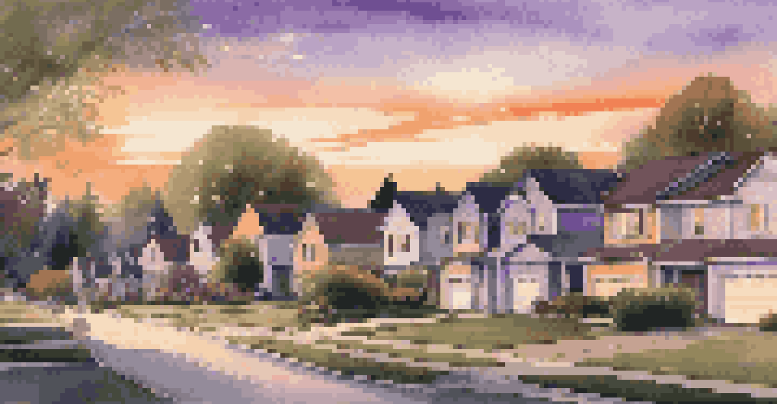 A picturesque suburban neighborhood at sunset, highlighting charming homes with gardens and families enjoying their surroundings.