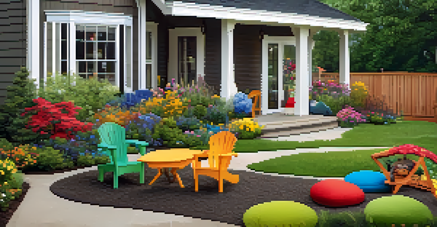 A colorful backyard with a play structure, flower beds, and inviting outdoor furniture.